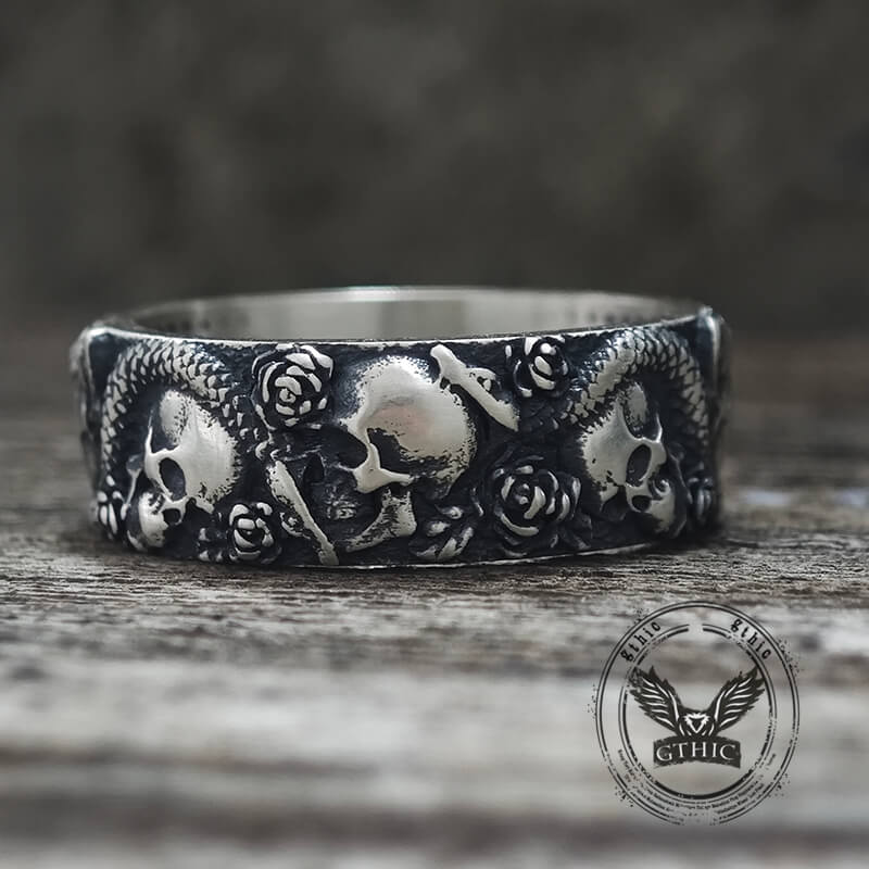 Gothic Rose Skull Snake Sterling Silver Ring | Gthic.com