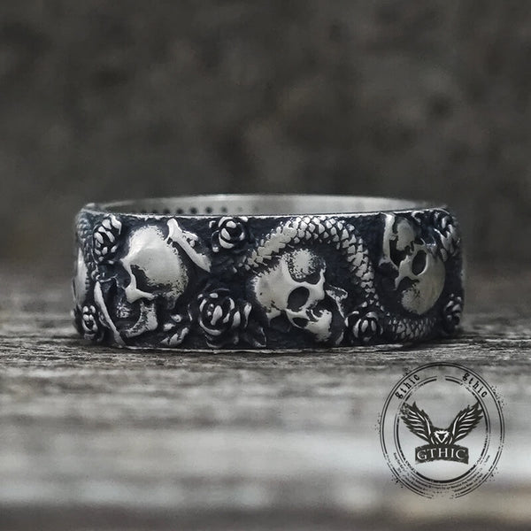 Gothic Rose Skull Snake Sterling Silver Ring | Gthic.com