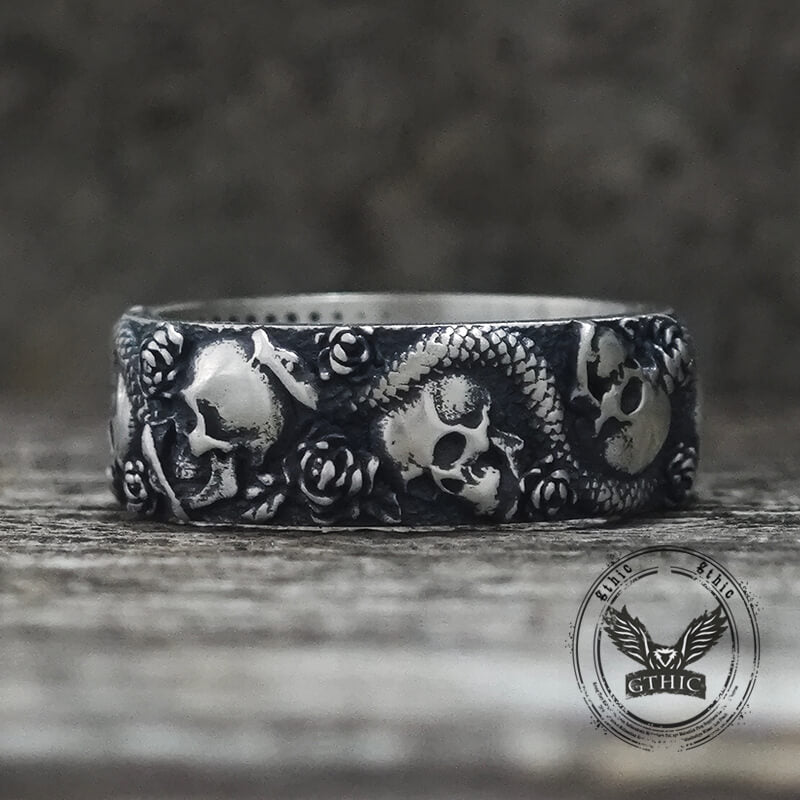 Gothic Rose Skull Snake Sterling Silver Ring | Gthic.com
