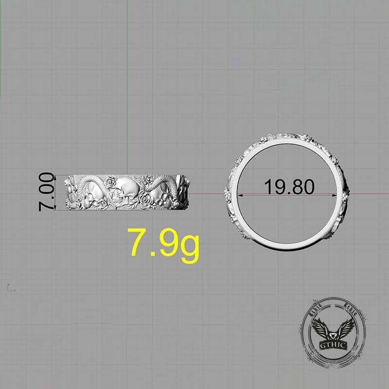 Gothic Rose Skull Snake Sterling Silver Ring