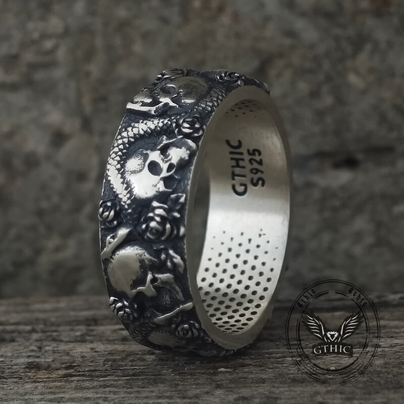Gothic Rose Skull Snake Sterling Silver Ring | Gthic.com