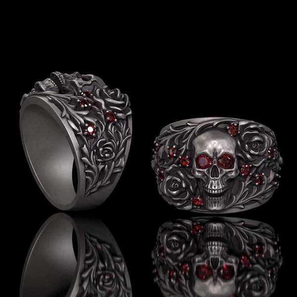 Gothic Rose Skull Sterling Silver Gemstone Ring | Gthic.com
