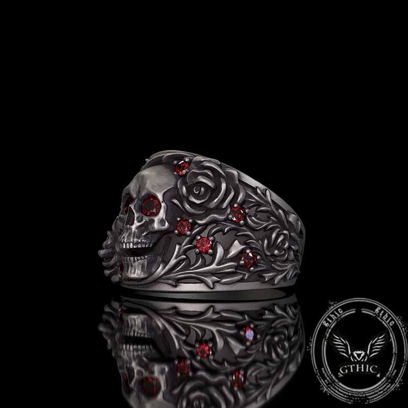 Gothic Rose Skull Sterling Silver Gemstone Ring | Gthic.com
