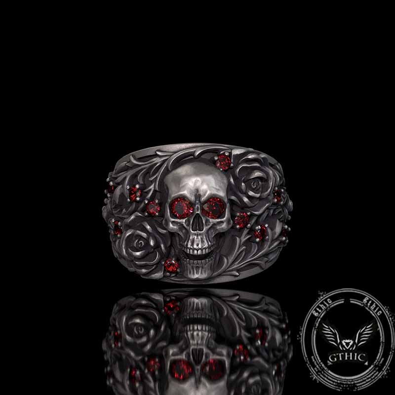 Gothic Rose Skull Sterling Silver Gemstone Ring | Gthic.com
