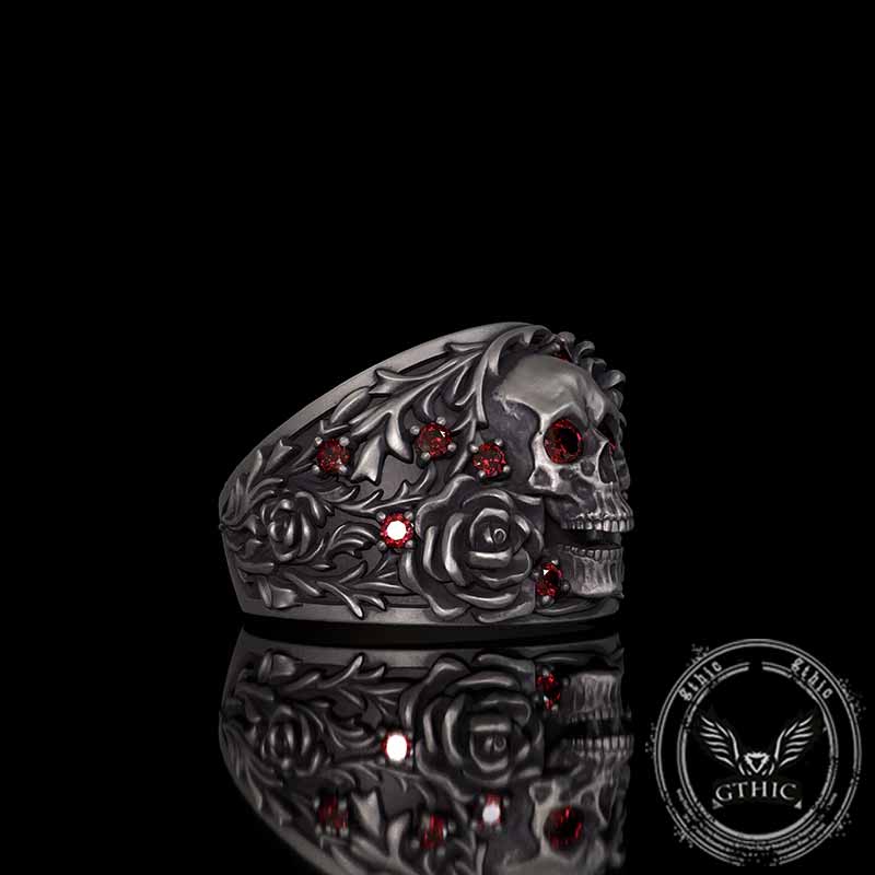 Gothic Rose Skull Sterling Silver Gemstone Ring | Gthic.com