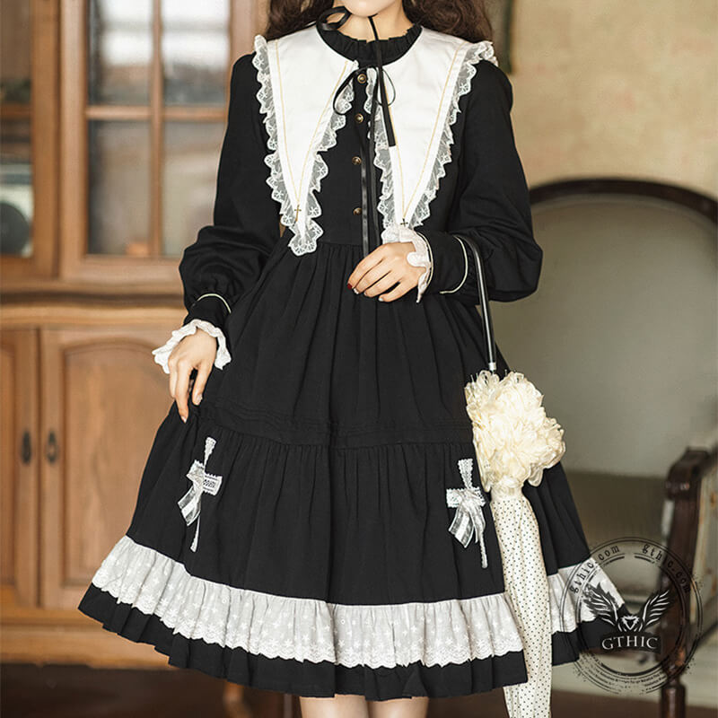 Gothic Ruffle Lace Cotton Lolita Dress, Cotton / XL (Bust 96 cm) - Made to order Gothic Ruffle Lace Cotton Lolita Dress, Cotton / XL (Bust 96 cm) - Made to order