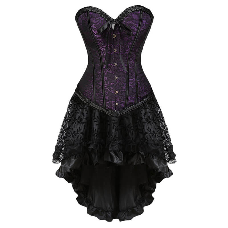 purple gothic corset dress Victorian-Inspired Gothic Purple and Black Lace Corset Dress with High-Low Skirt Gothic Prom Dress with Long Sleeves Plus Size