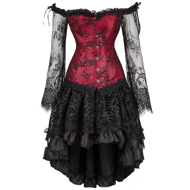 Gothic Ruffled Lace-up Corset Dress Suit, B - With Sleeves / Red / 2XL (Bust 100-105 cm) Gothic Ruffled Lace-up Corset Dress Suit, B - With Sleeves / Red / 2XL (Bust 100-105 cm)