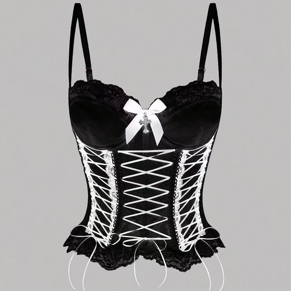 Gothic Sheer Lace Criss Cross Bow Detail Corset