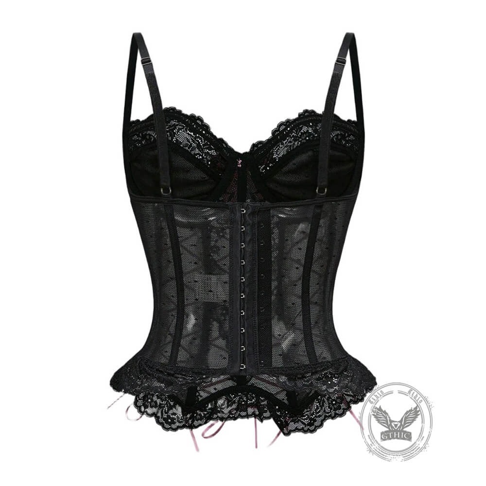 Gothic Sheer Lace Criss Cross Bow Detail Corset