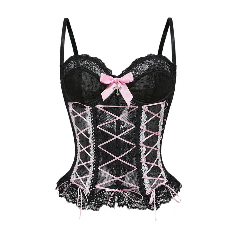 Gothic Sheer Lace Criss Cross Bow Detail Corset
