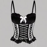 Gothic Sheer Lace Criss Cross Bow Detail Corset