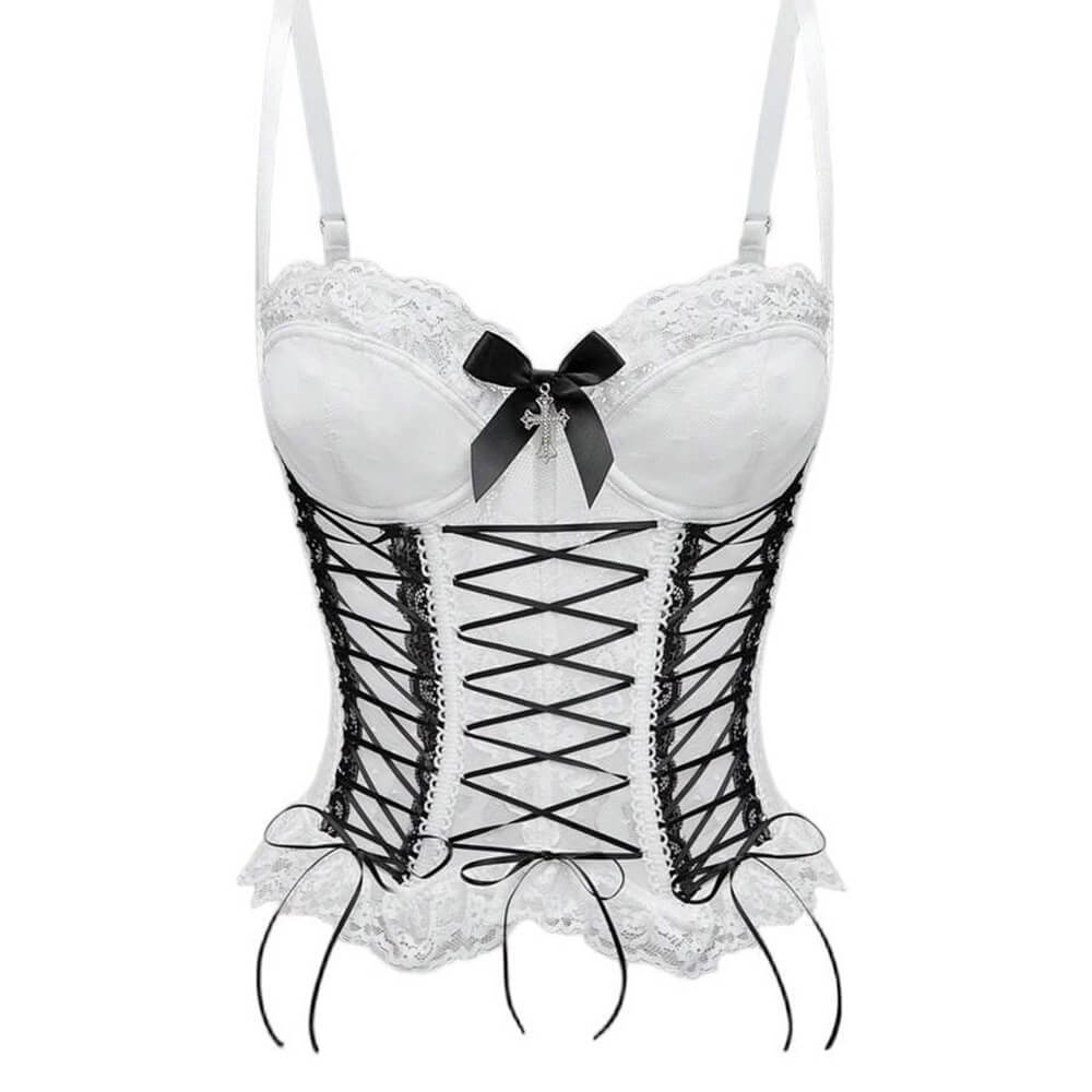 Gothic Sheer Lace Criss Cross Bow Detail Corset