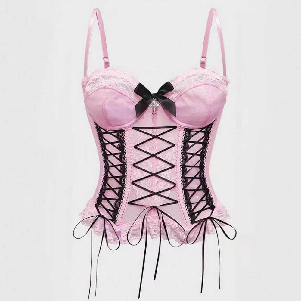 Gothic Sheer Lace Criss Cross Bow Detail Corset