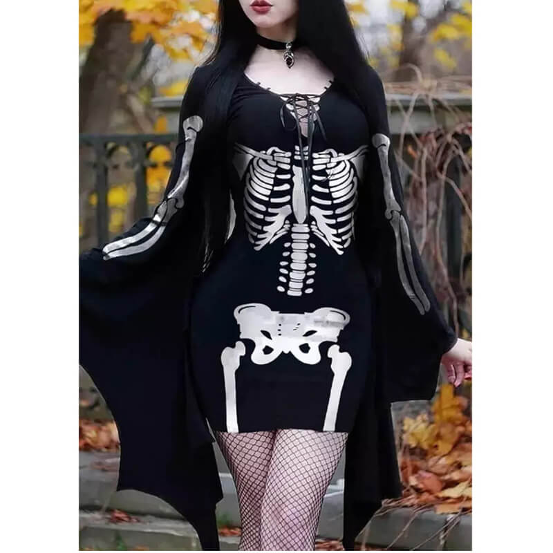 Gothic Skeleton Bat Sleeve Mini Dress | Gthic.com