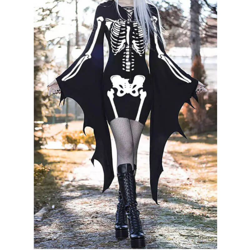 Gothic Skeleton Bat Sleeve Mini Dress | Gthic.com