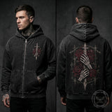 Gothic Skeleton Hand Sword Washed Zip-Up Hooded Jacket | Gthic.com