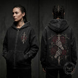 Gothic Skeleton Hand Sword Washed Zip-Up Hooded Jacket | Gthic.com