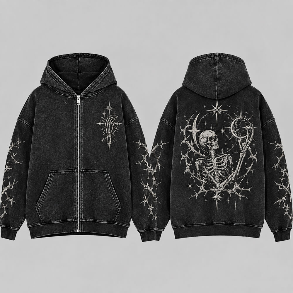 Gothic Skeleton Star Vintage Washed Zip-Up Hooded Jacket | Gthic.com