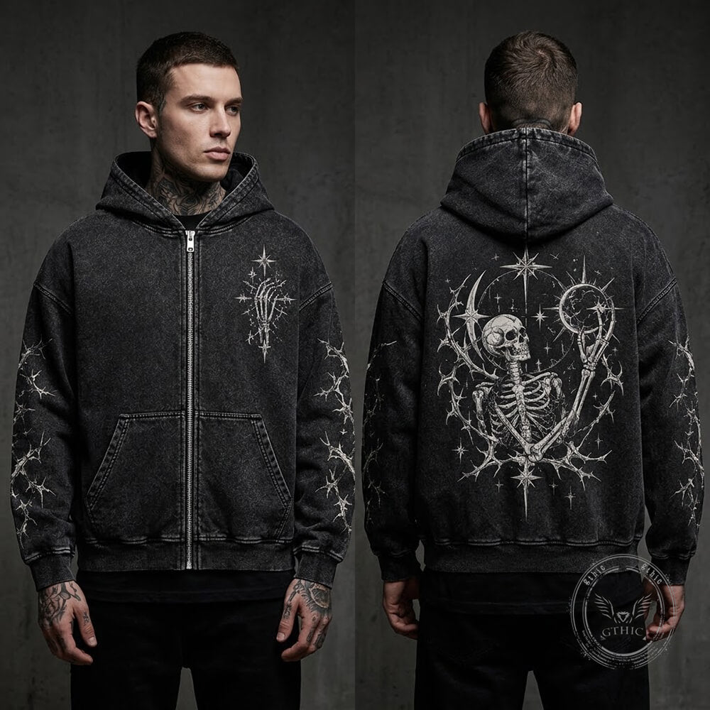 Gothic Skeleton Star Vintage Washed Zip-Up Hooded Jacket | Gthic.com