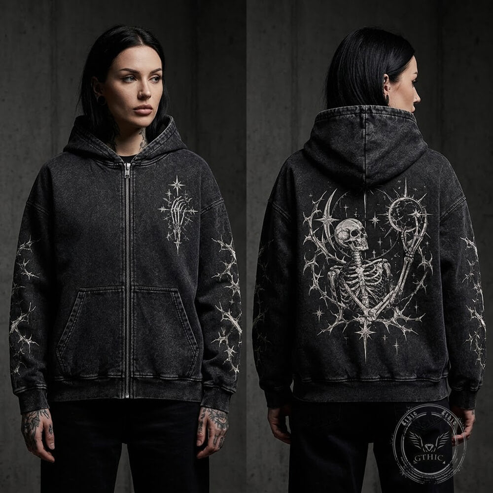 Gothic Skeleton Star Vintage Washed Zip-Up Hooded Jacket | Gthic.com