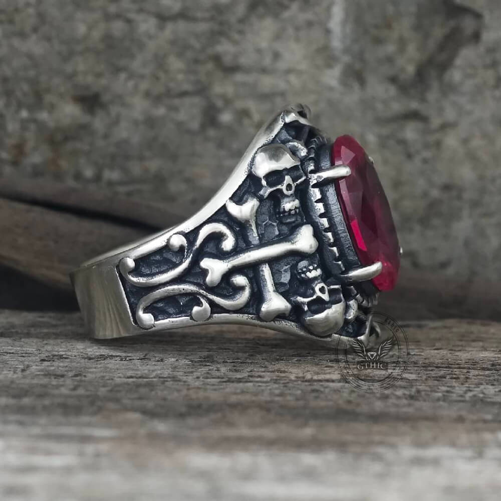 Gothic Skull Crossbones Sterling Silver Gem Ring