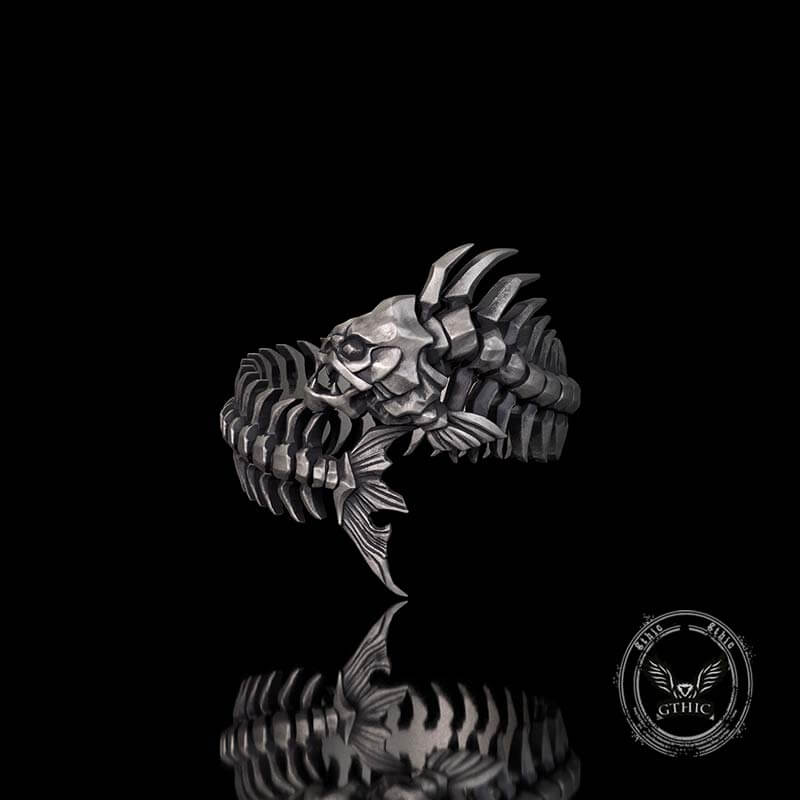Gothic Skull Fishbone Spine Sterling Silver Open Ring 02 | Gthic.com
