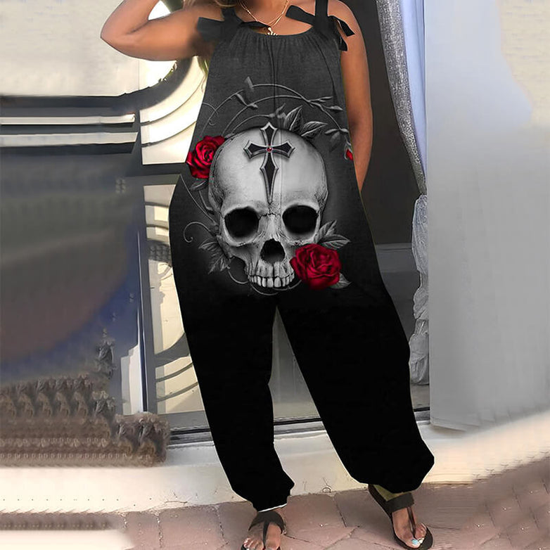 Gothic Skull Flower Print Women's Casual Dungarees | Gthic.com