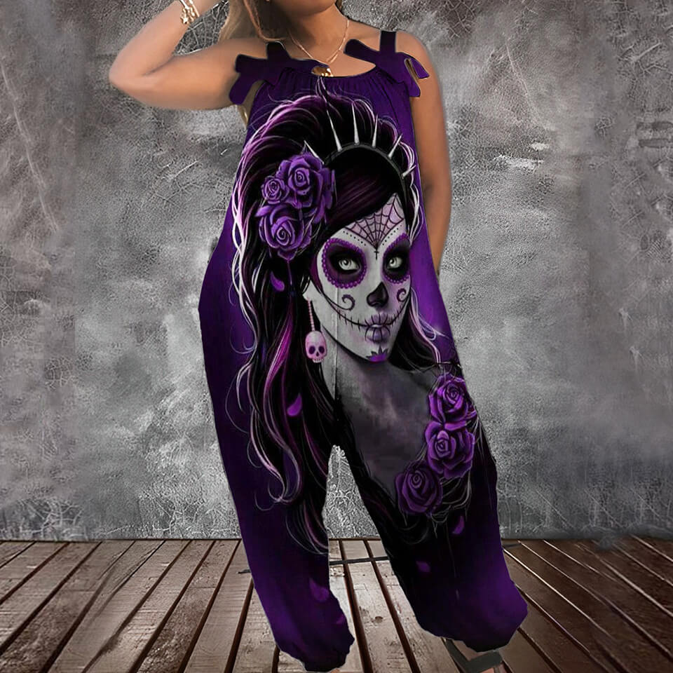 Gothic Skull Flower Print Women's Casual Dungarees | Gthic.com