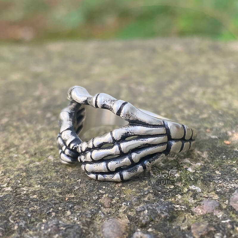 Silver Skull Skeleton Hand Mens Gothic Ring