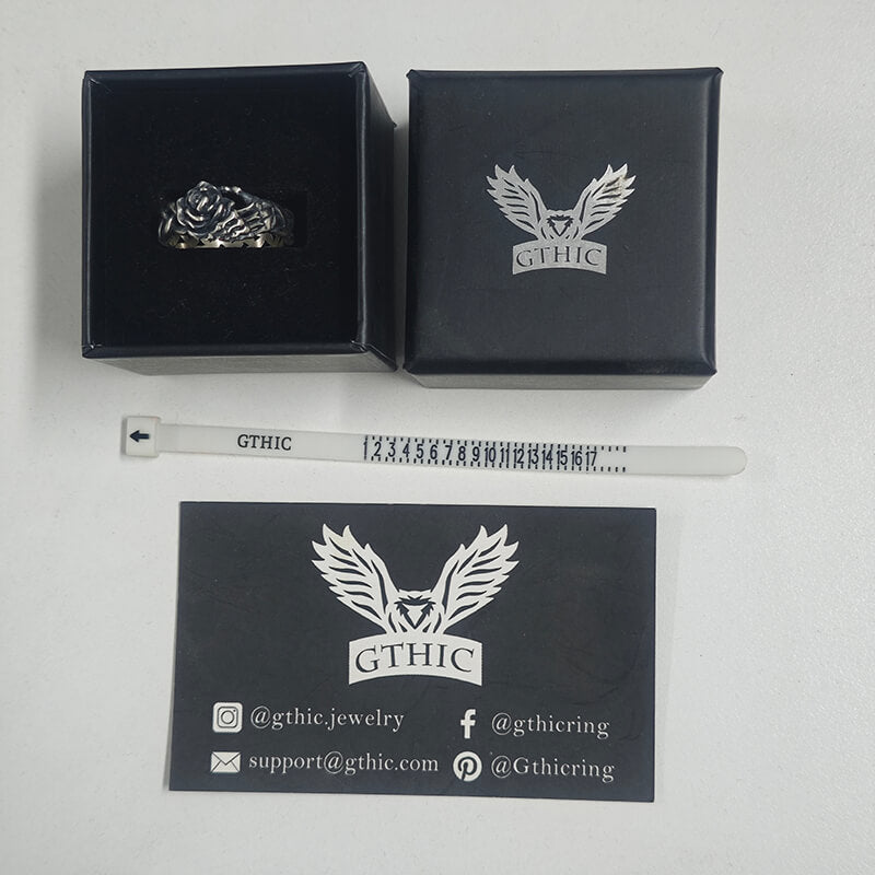 Gothic Skull Hand Holding Rose Sterling Silver Ring