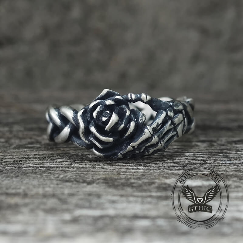Gothic Skull Hand Holding Rose Sterling Silver Ring | Gthic.com