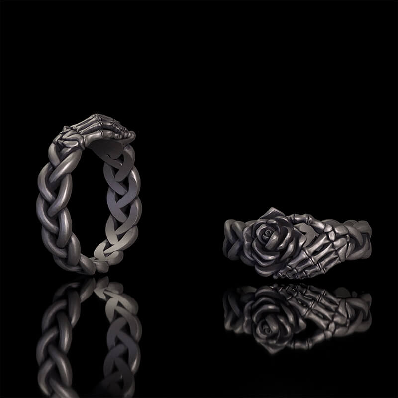 Gothic Skull Hand Holding Rose Sterling Silver Ring