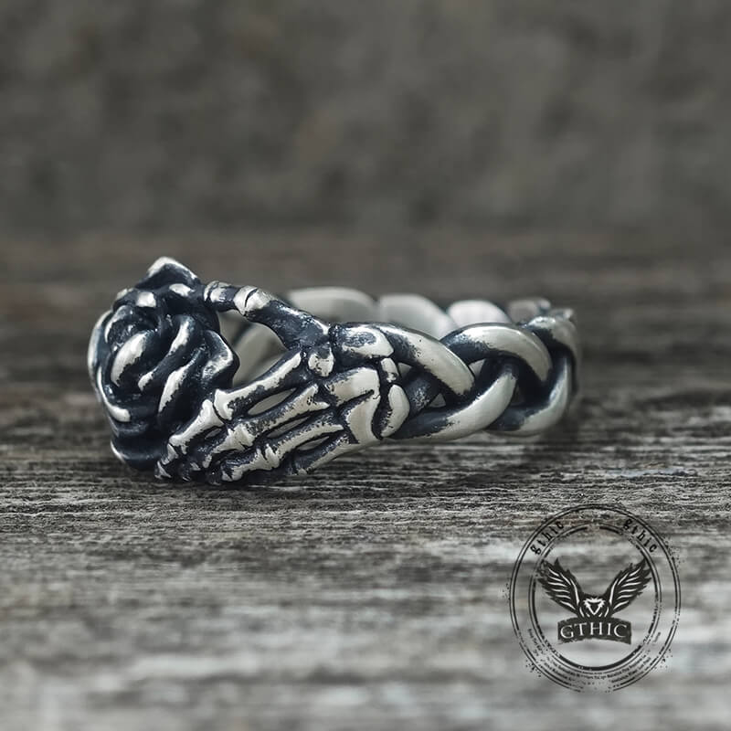 Gothic Skull Hand Holding Rose Sterling Silver Ring