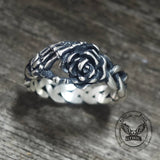 Gothic Skull Hand Holding Rose Sterling Silver Ring