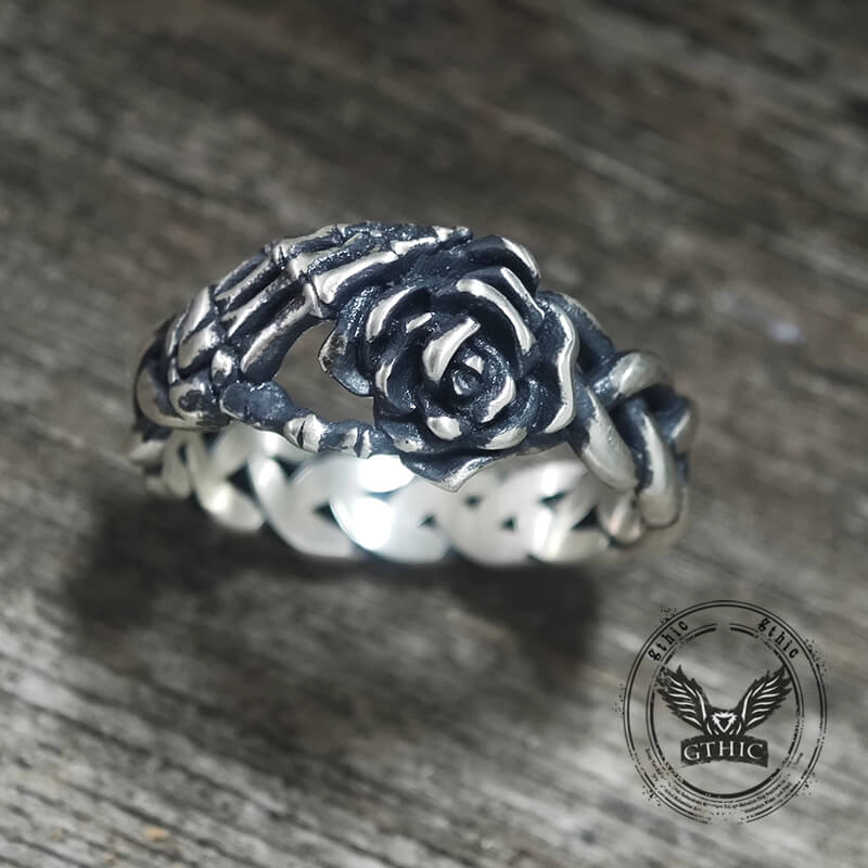Gothic Skull Hand Holding Rose Sterling Silver Ring