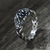 Gothic Skull Hand Holding Rose Sterling Silver Ring | Gthic.com