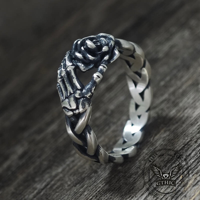 Gothic Skull Hand Holding Rose Sterling Silver Ring | Gthic.com