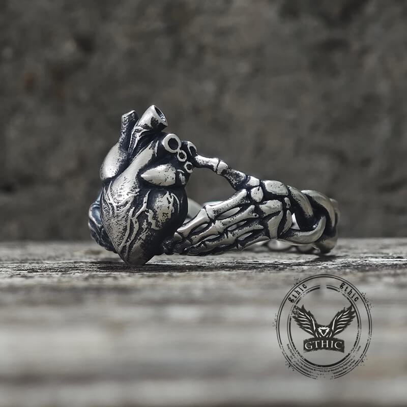 Gothic Skull Hands Holding Heart Sterling Silver Ring