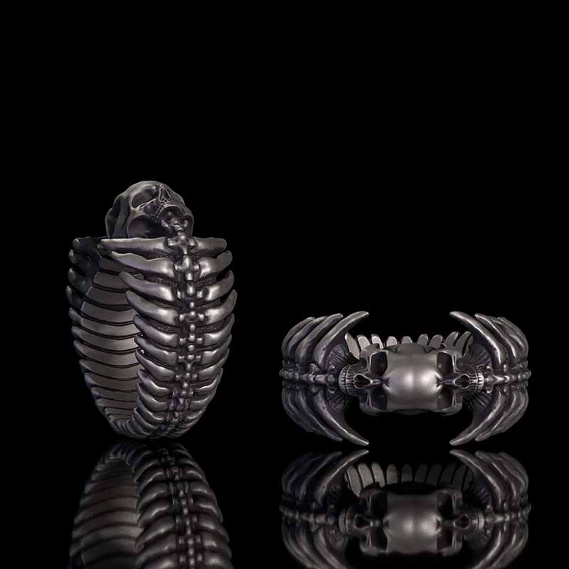 Gothic Skull Head Spine Sterling Silver Ring 01 | Gthic.com