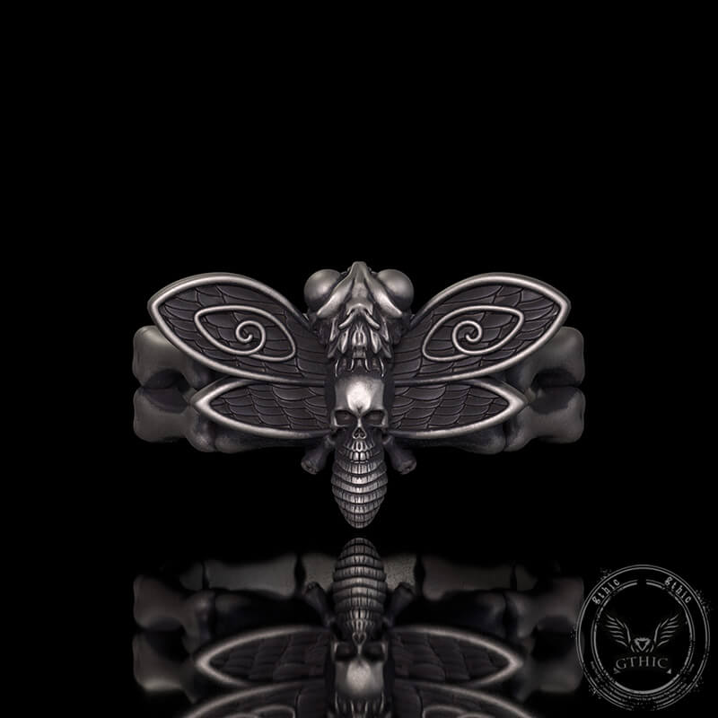 Gothic Skull Moth Bone Gem Sterling Silver Ring