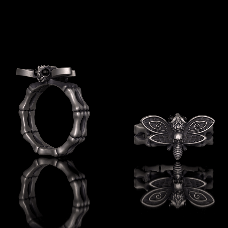 Gothic Skull Moth Bone Gem Sterling Silver Ring | Gthic.com