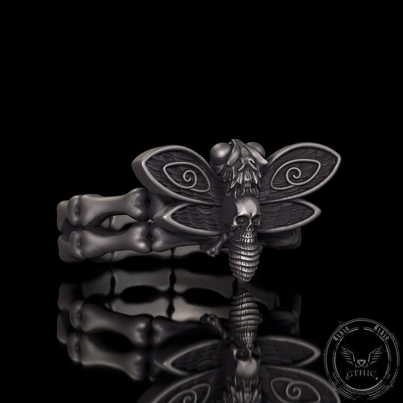 Gothic Skull Moth Bone Gem Sterling Silver Ring