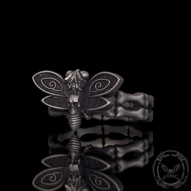 Gothic Skull Moth Bone Gem Sterling Silver Ring
