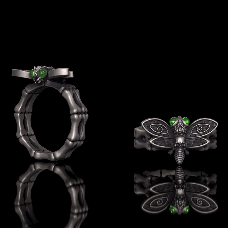 Gothic Skull Moth Bone Gem Sterling Silver Ring | Gthic.com
