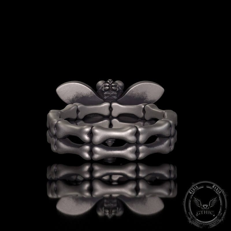 Gothic Skull Moth Bone Gem Sterling Silver Ring