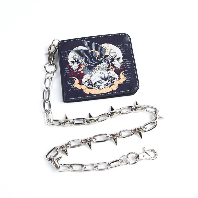 Gothic Skull Print Bifold Chain Wallet