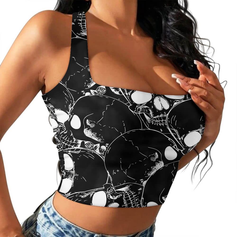 Gothic Skull Print Off-The-Shoulder One-Sided Sling Vest 01 | Gthic.com