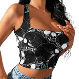 Gothic Skull Print Off-The-Shoulder One-Sided Sling Vest 01 | Gthic.com