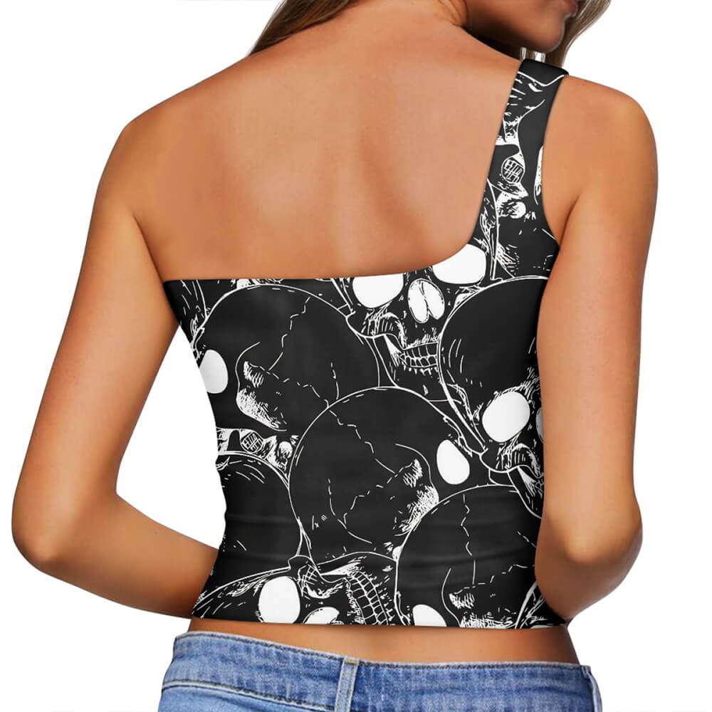 Gothic Skull Print Off-The-Shoulder One-Sided Sling Vest